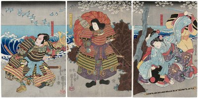 Actors Iwai Kumesaburo III as Tamaori-hime, Ichikawa Saruzo I as Mukan Dayu Atsumori, and Ichikawa Ebizo V as Kumagai Jiro Naozane by Utagawa Kuniyoshi
